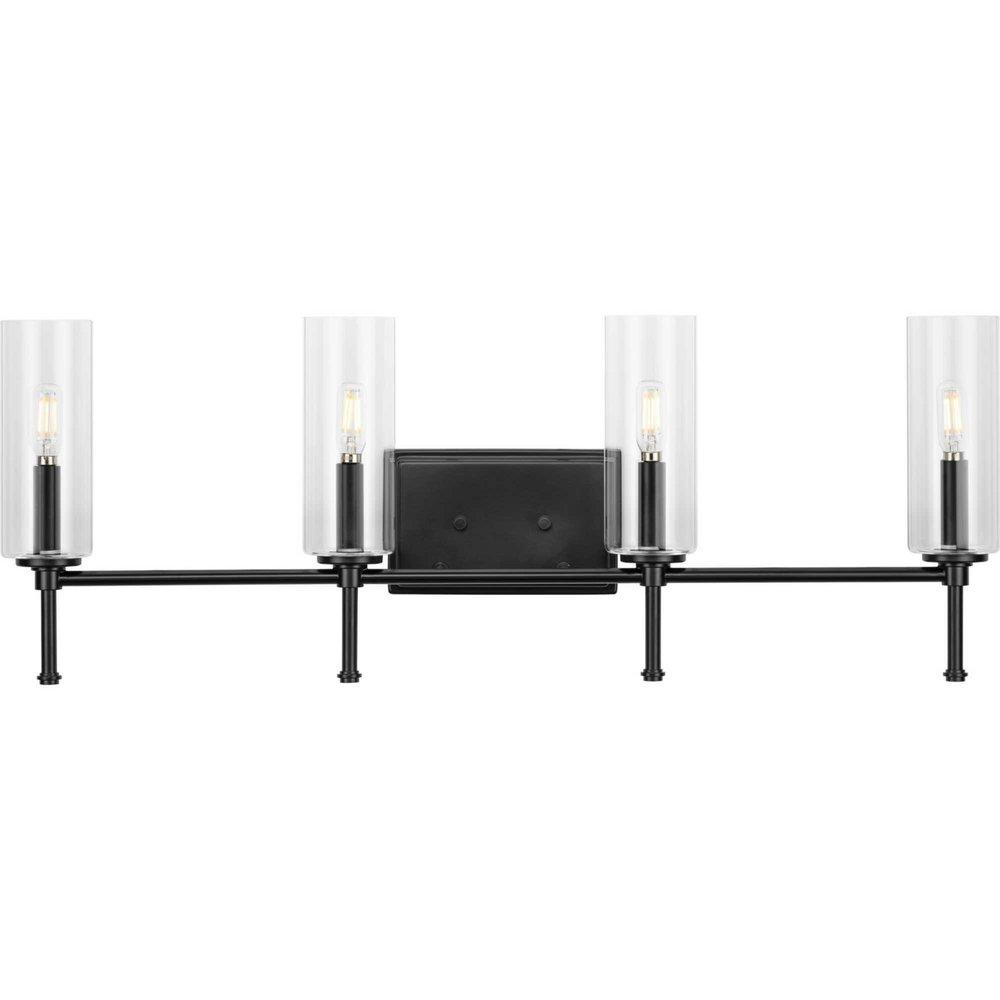 ELARA COLLECTION FOUR-LIGHT NEW TRADITIONAL MATTE BLACK CLEAR GLASS BATH VANITY LIGHT 