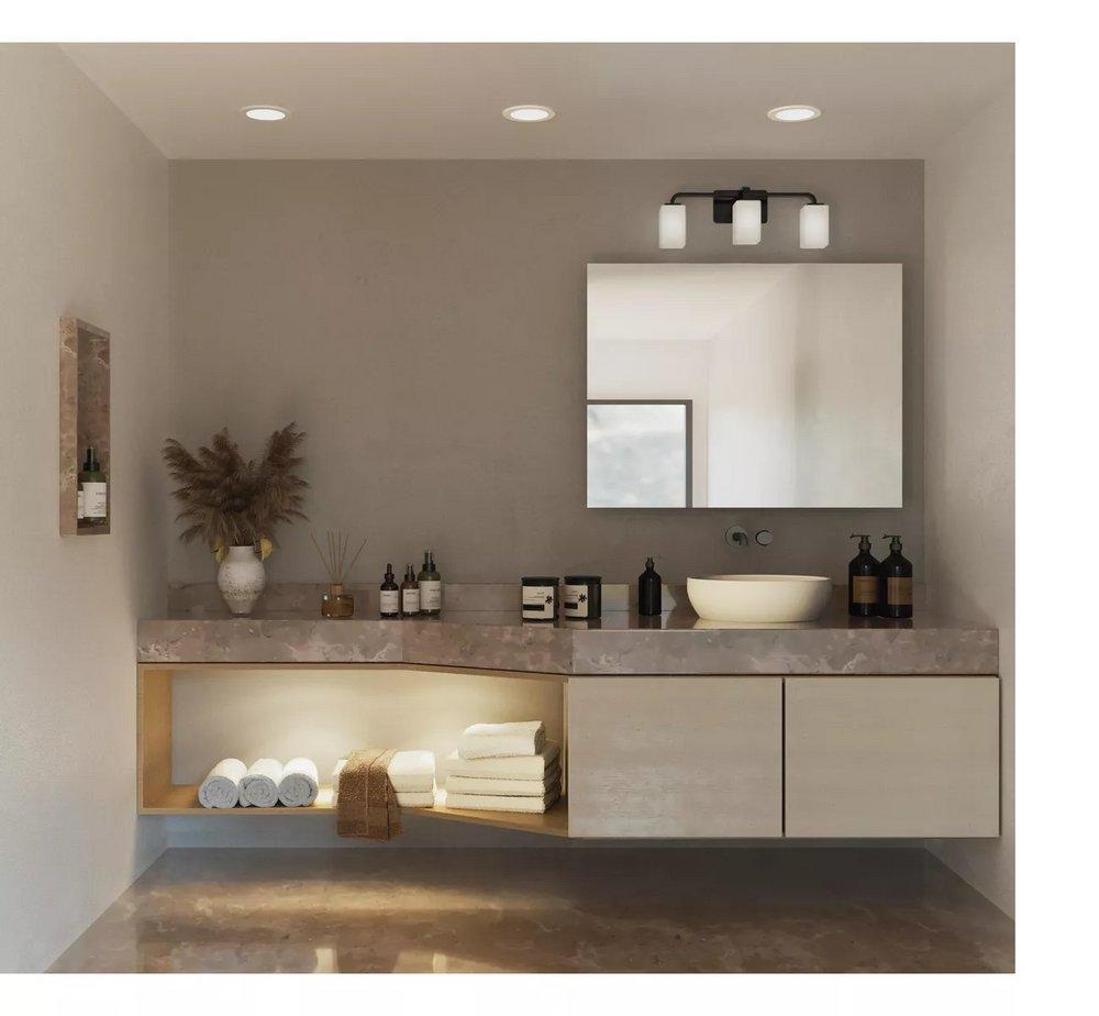 COWAN COLLECTION THREE-LIGHT MODERN MATTE BLACK ETCHED OPAL GLASS BATH VANITY LIGHT 