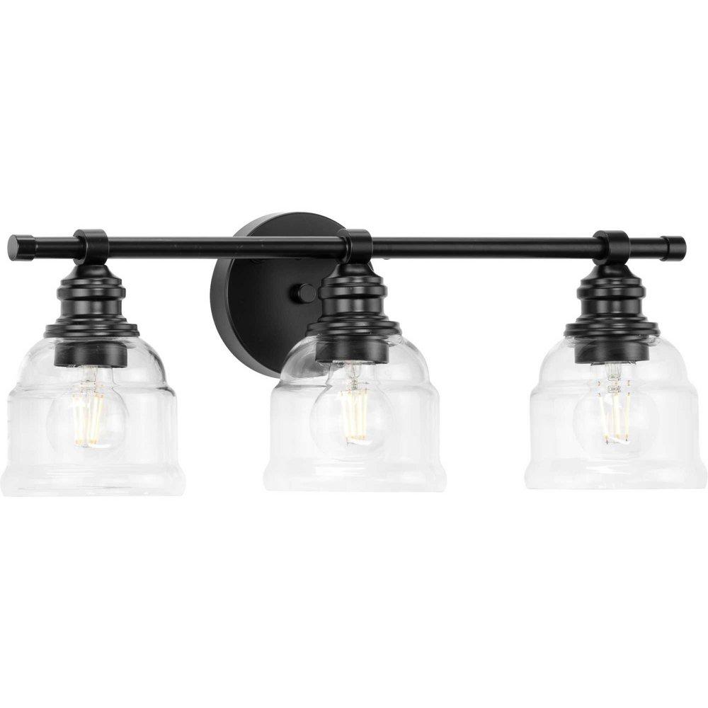 AMBROSE COLLECTION THREE-LIGHT FARMHOUSE MATTE BLACK CLEAR GLASS BATH VANITY LIGHT 