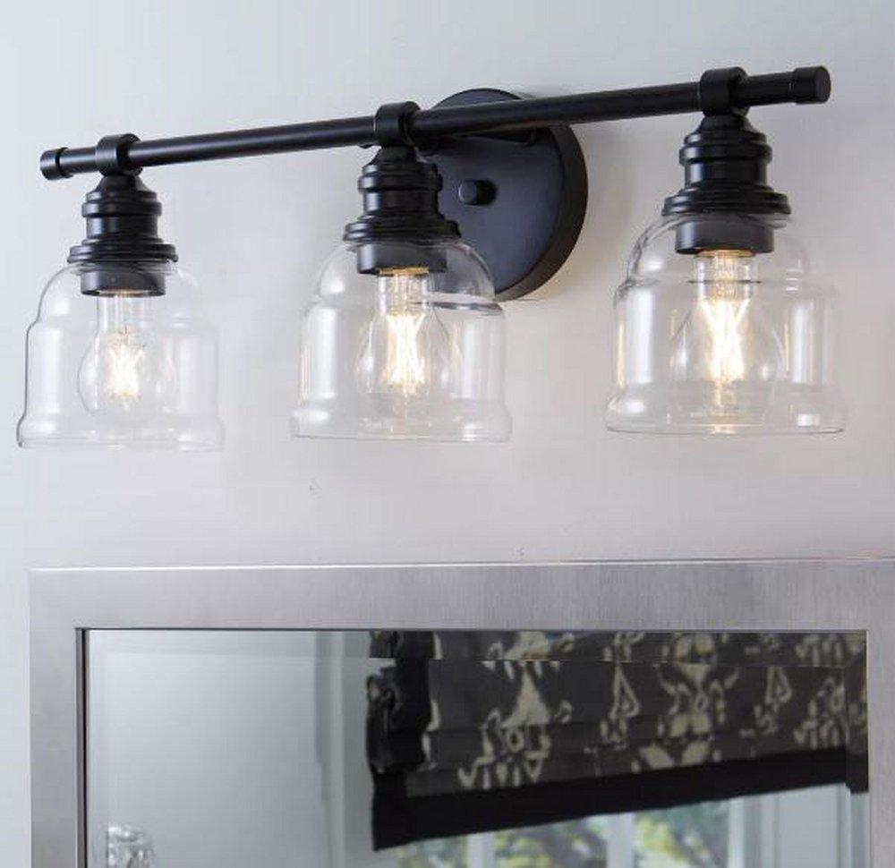 AMBROSE COLLECTION THREE-LIGHT FARMHOUSE MATTE BLACK CLEAR GLASS BATH VANITY LIGHT 