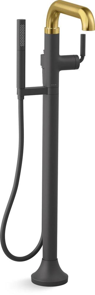 Single Handle Lever Floor Mount Filler in Matte Black with Moderne Brass (Trim Only) 