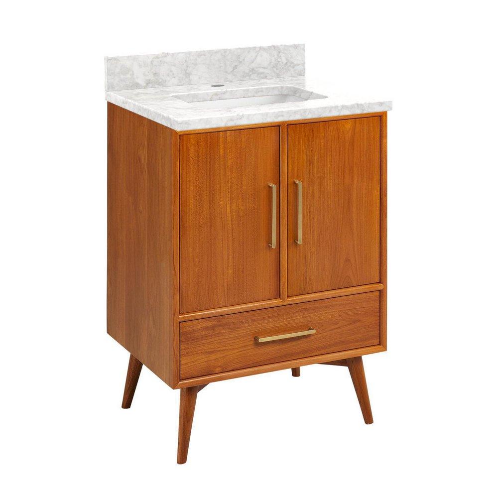 Signature Hardware Teak Floor Mount Vanity in Natural Teak with Carrara Marble 