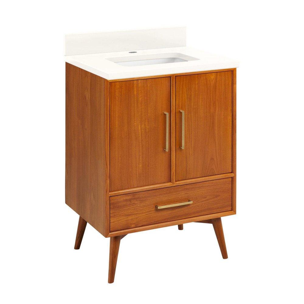 Signature Hardware Teak Floor Mount Vanity in Natural Teak with Arctic White Quartz 