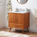 Signature Hardware Teak Floor Mount Vanity in Natural Teak with Carrara Marble 