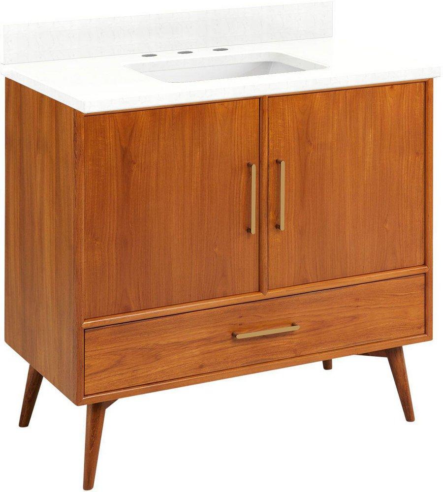 *CVR* 36 NOVAK TEAK VANITY WITH RECTANGULAR UNDERMOUNT SINK NATURAL TEAK FEATHERED WHITE WIDESPREAD 