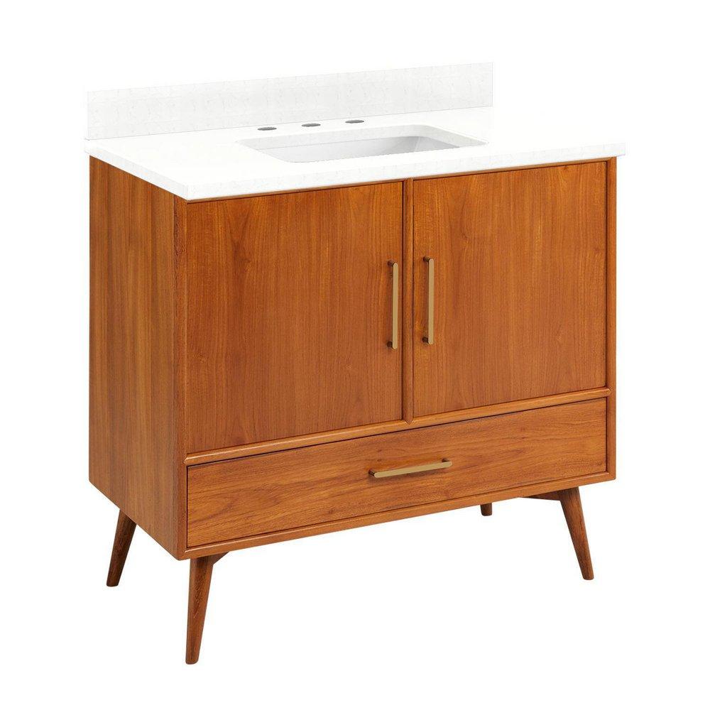 Signature Hardware Teak Floor Mount Vanity in Natural Teak with Feathered White Quartz 