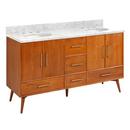 Signature Hardware Teak Floor Mount Vanity in Natural Teak with Carrara Marble 