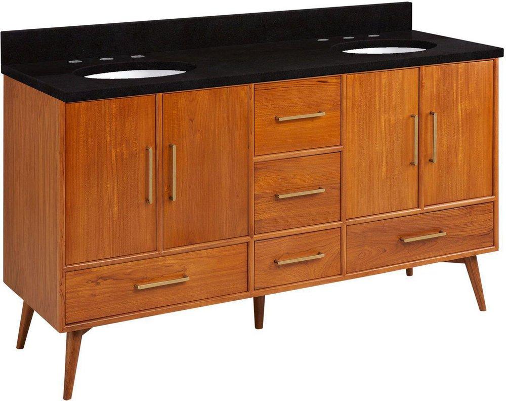 *CVR* 60 NOVAK DOUBLE TEAK VANITY WITH UNDERMOUNT SINKS NATURAL TEAK ABSOLUTE BLACK WIDESPREAD 