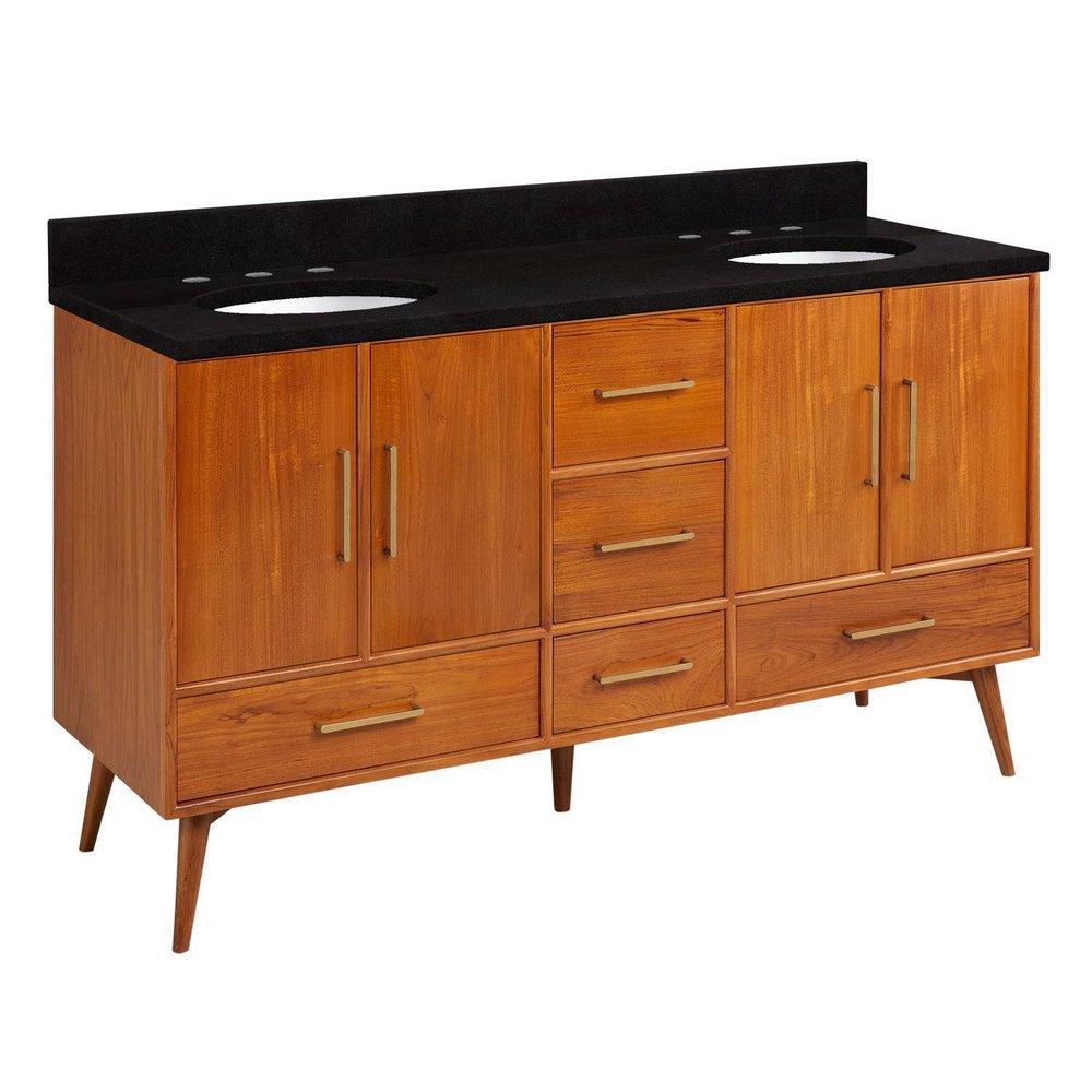 Signature Hardware Natural Teak Floor Mount Vanity in Natural Teak with Absolute Black Granite 