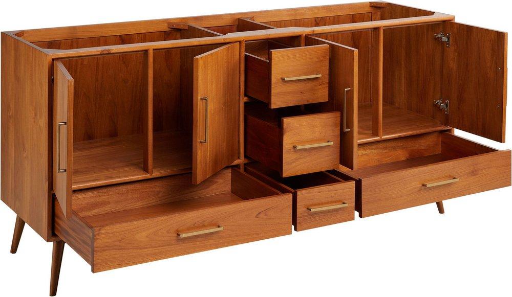 *CVR* 72 NOVAK DOUBLE TEAK VANITY WITH RECT UNDERMOUNT SINKS NATURAL TEAK FEATHERED WHITESINGLE HOLE 