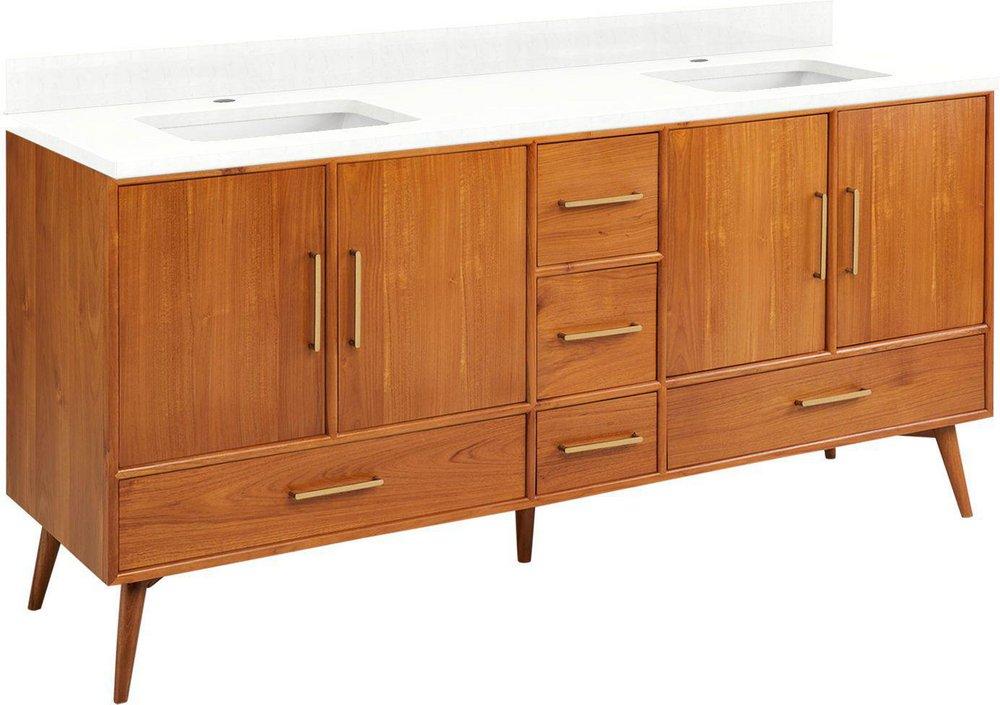 *CVR* 72 NOVAK DOUBLE TEAK VANITY WITH RECT UNDERMOUNT SINKS NATURAL TEAK FEATHERED WHITESINGLE HOLE 
