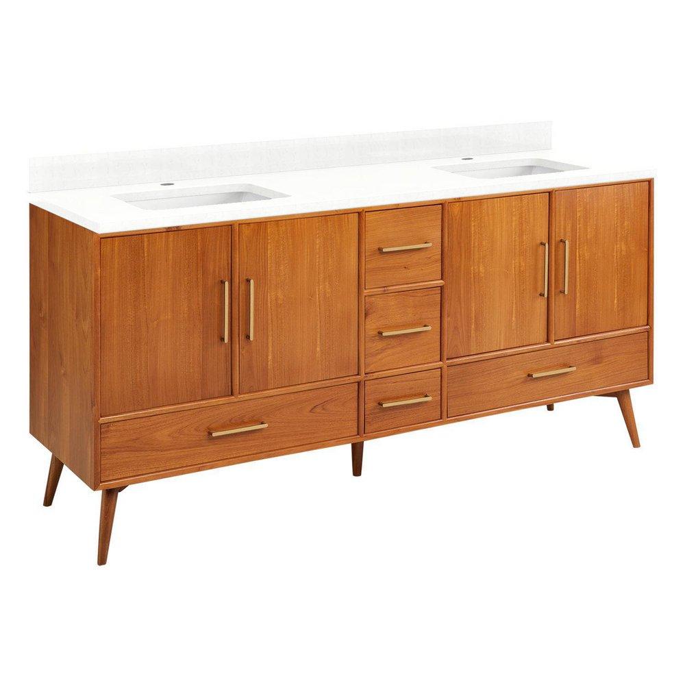 Signature Hardware Teak Floor Mount Vanity in Natural Teak with Feathered White Quartz 