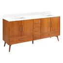 Signature Hardware Teak Floor Mount Vanity in Natural Teak with Feathered White Quartz 