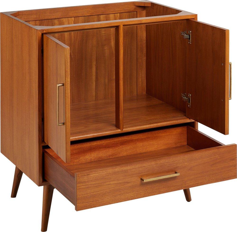 Signature Hardware Teak Floor Mount Vanity in Teak with Feathered White Quartz 