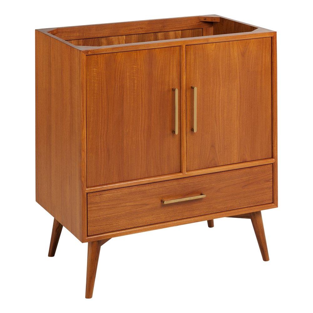 Signature Hardware Teak Floor Mount Vanity in Teak with Feathered White Quartz 