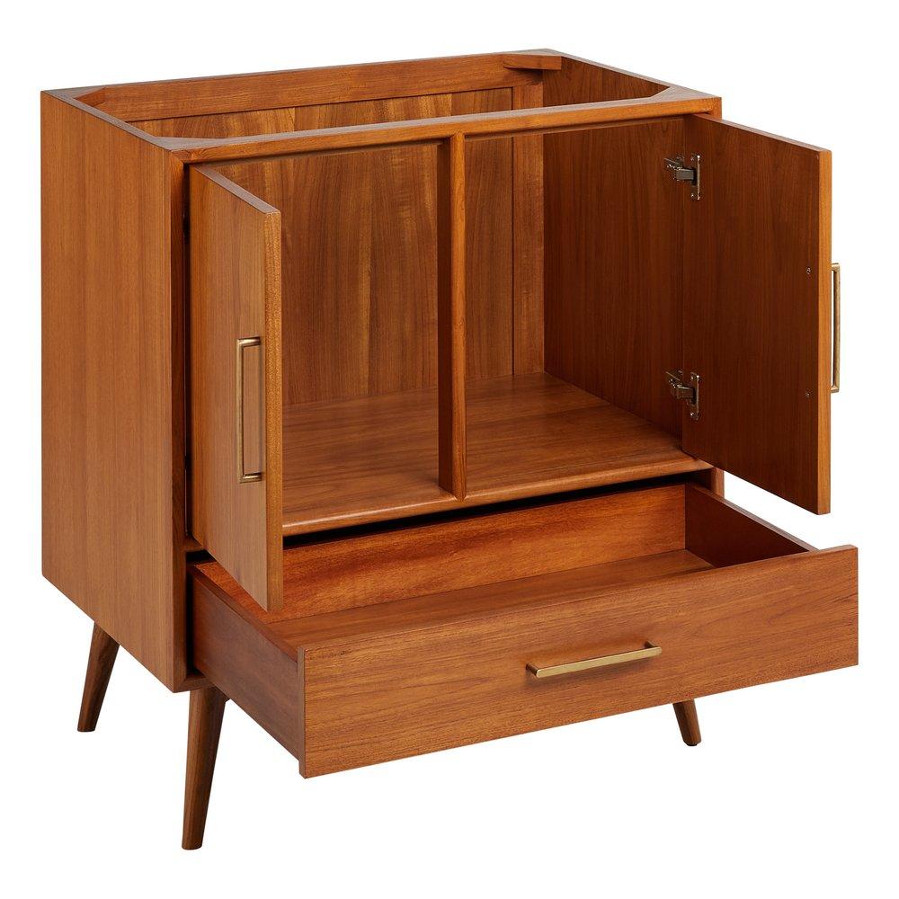 Signature Hardware Teak Floor Mount Vanity in Teak with Feathered White Quartz 