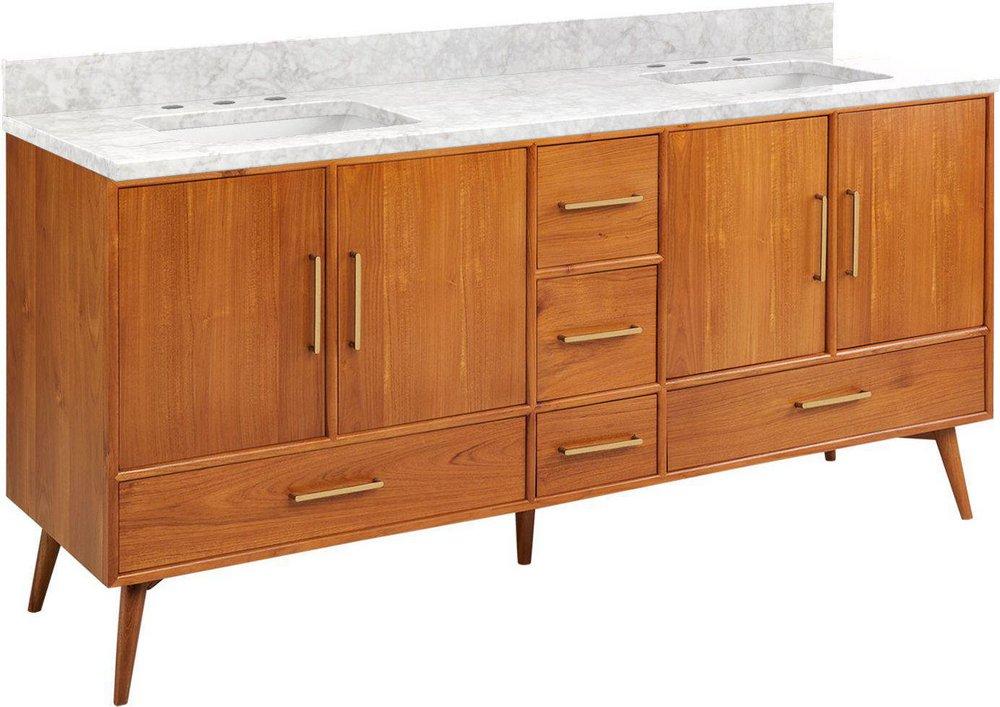 *CVR* 72 NOVAK DOUBLE TEAK VANITY WITH RECTANGULAR UNDERMOUNT SINKS NATURAL TEAK CARRARA WIDESPREAD 