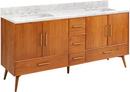*CVR* 72 NOVAK DOUBLE TEAK VANITY WITH RECTANGULAR UNDERMOUNT SINKS NATURAL TEAK CARRARA WIDESPREAD 