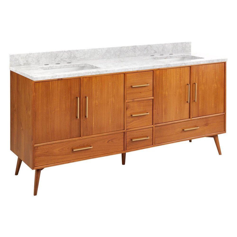 Signature Hardware Teak Floor Mount Vanity in Natural Teak with Carrara Marble 