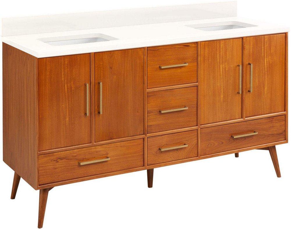 *CVR* 60 NOVAK DOUBLE TEAK VANITY WITH RECTANGULAR UNDERMOUNT SINKS NATURAL TEAK CARRARA NO HOLE 