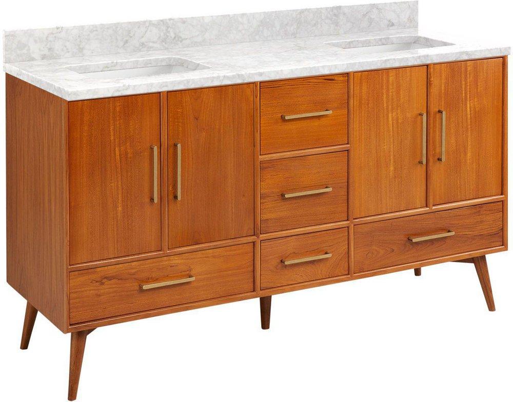 *CVR* 60 NOVAK DOUBLE TEAK VANITY WITH RECTANGULAR UNDERMOUNT SINKS NATURAL TEAK CARRARA NO HOLE 
