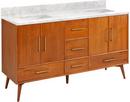 *CVR* 60 NOVAK DOUBLE TEAK VANITY WITH RECTANGULAR UNDERMOUNT SINKS NATURAL TEAK CARRARA NO HOLE 