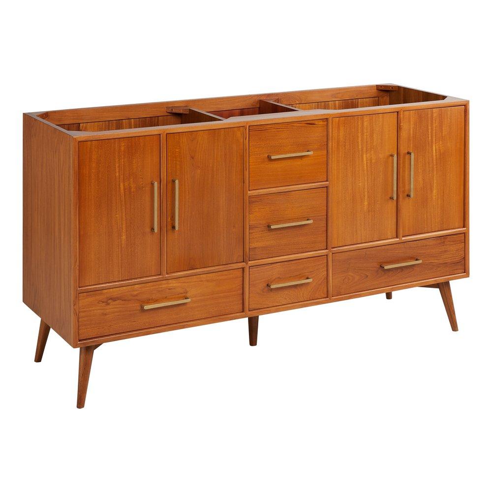 *CVR* 60 NOVAK DOUBLE TEAK VANITY WITH RECTANGULAR UNDERMOUNT SINKS NATURAL TEAK CARRARA NO HOLE 