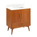 Signature Hardware Teak Floor Mount Vanity in Natural Teak with Feathered White Quartz 