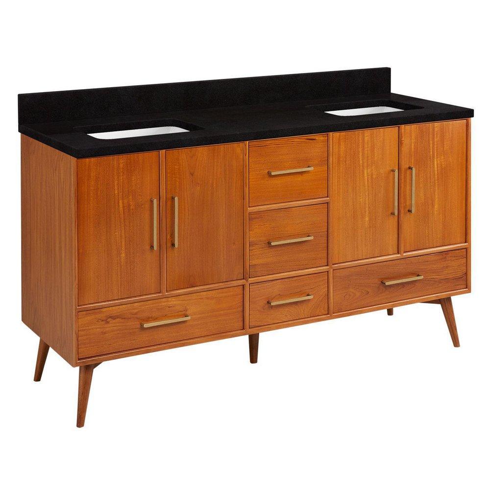 Signature Hardware Natural Teak Floor Mount Vanity in Natural Teak with Absolute Black Granite 
