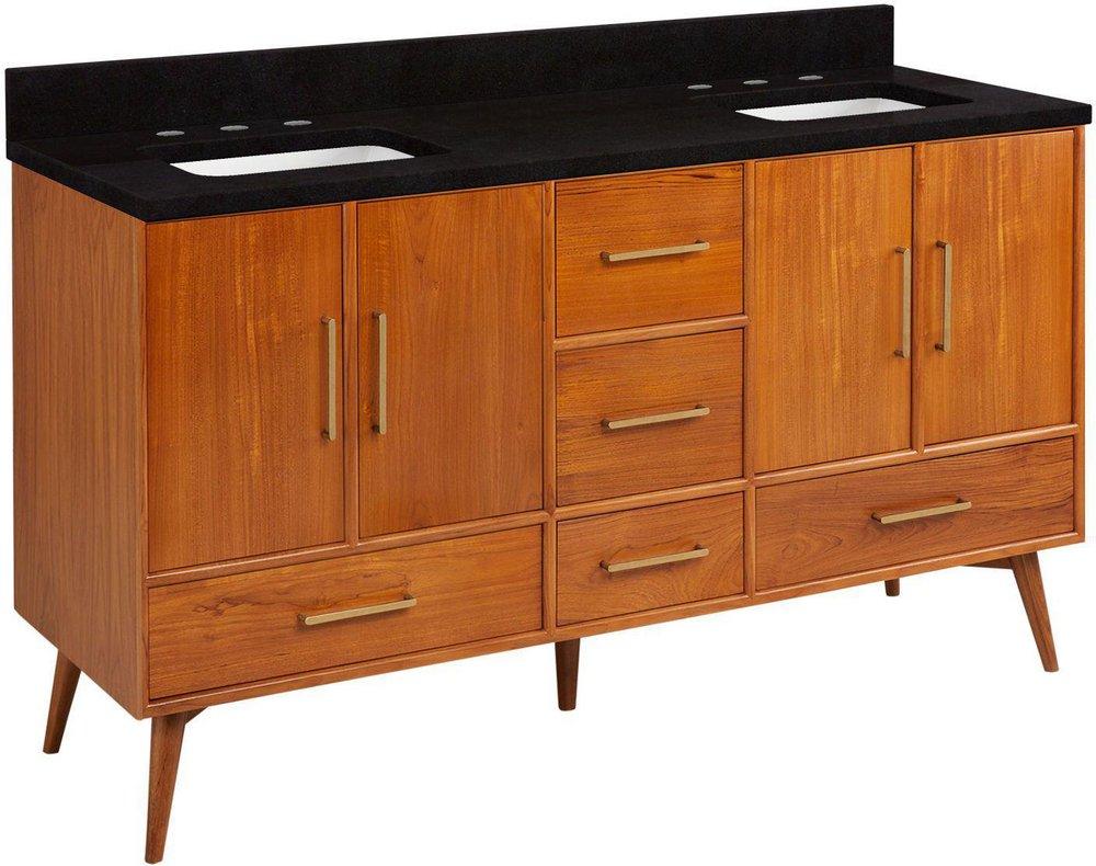 *CVR* 60 NOVAK DOUBLE TEAK VANITY WITH RECTANGULAR UNDERMOUNT SINKS NATURAL TEAK CARRARA WIDESPREAD 