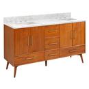 Signature Hardware Teak Floor Mount Vanity in Natural Teak with Carrara Marble 