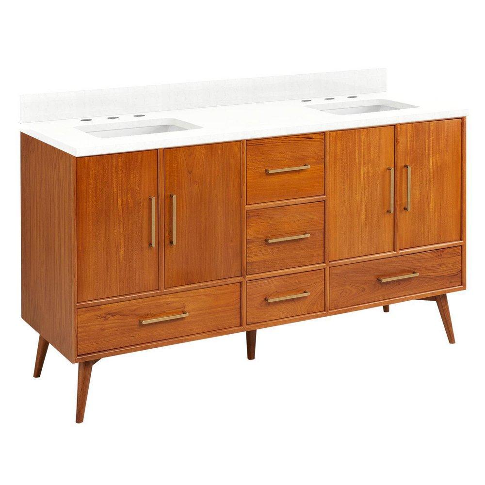 Signature Hardware Teak Floor Mount Vanity in Natural Teak with Feathered White Quartz 