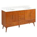 Signature Hardware Teak Floor Mount Vanity in Natural Teak with Feathered White Quartz 