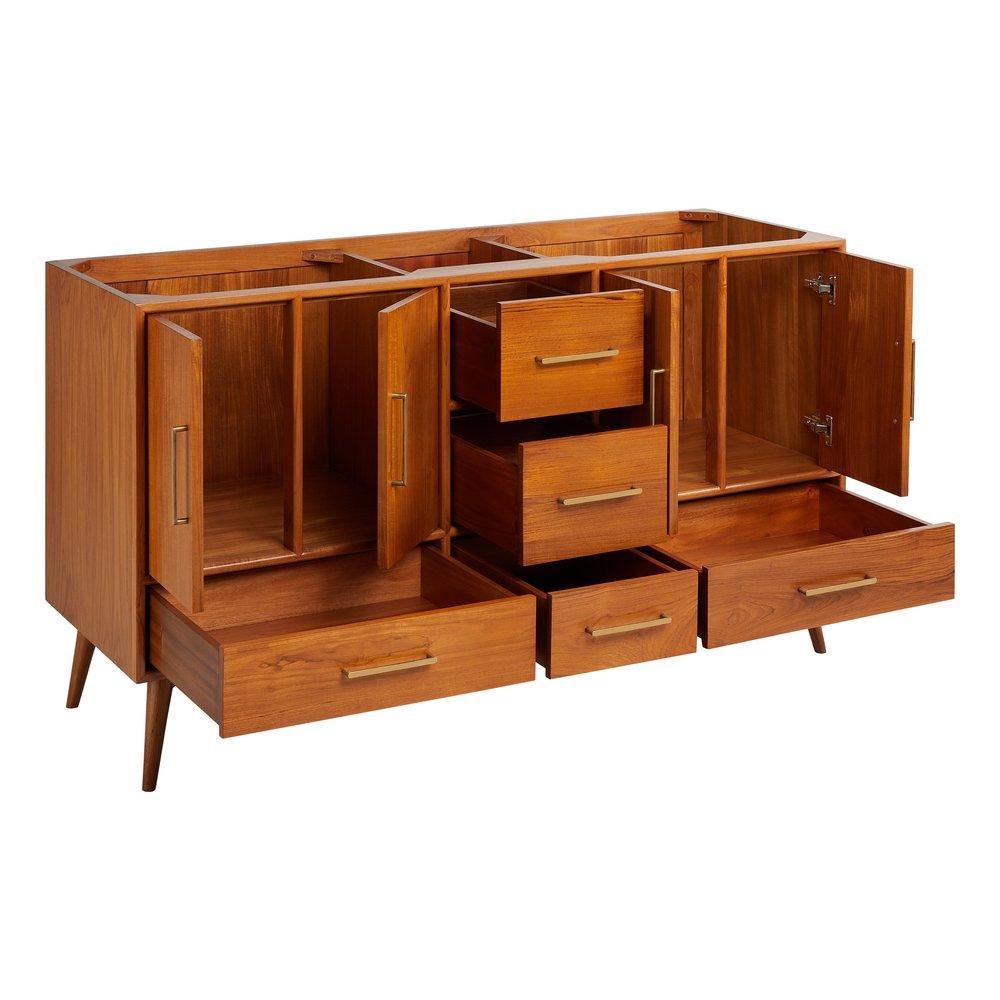 *CVR* 60 NOVAK DOUBLE TEAK VANITY WITH RECT UNDERMOUNT SINKS NATURAL TEAK ARCTIC WHITE WIDESPREAD 