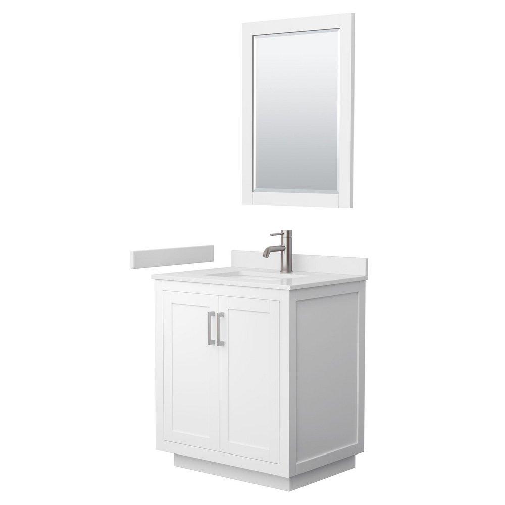 MIRANDA 30 INCH SINGLE BATHROOM VANITY IN WHITE / WHITE CULTURED MARBLE COUNTERTOP / UNDERMOUNT SQUARE SINK / BRUSHED NICKEL TRIMS / & 24 INCH MIRROR 