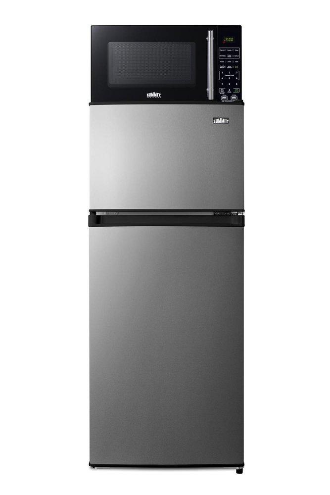MID-SIZED REFRIGERATOR-FREEZER IN A STAINLESS STEEL STEEL LOOK AND BLACK MICROWAVE WITH BUILT-IN ALLOCATOR & WITH BRACKETS INCLUDED SHIPS IN 3 BOXES ON ONE PALLET 