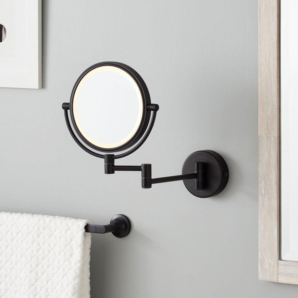 ROUND MAGNIFYING DOUBLE-SIDED WALL-MOUNT LIGHTED MAKEUP MIRROR - SATIN BLACK 