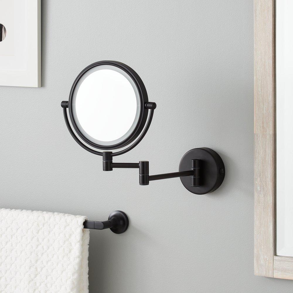 ROUND MAGNIFYING DOUBLE-SIDED WALL-MOUNT LIGHTED MAKEUP MIRROR - SATIN BLACK 