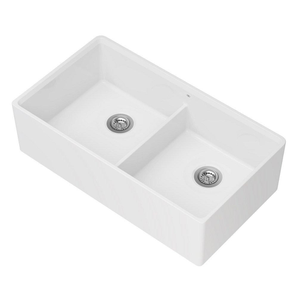 DXV Canvas White 35-3/4 x 20 in. No Hole Fireclay 2 Bowl Undermount Kitchen Sink 