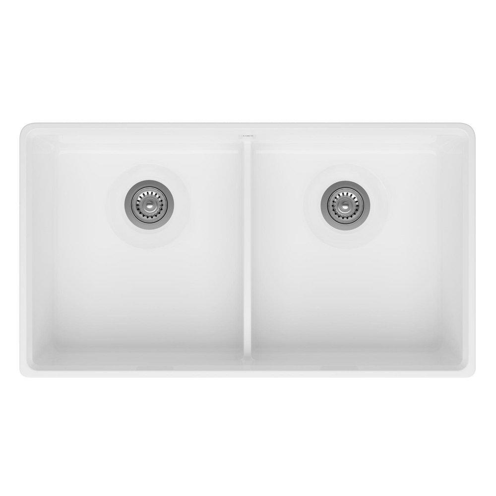 DXV Canvas White 35-3/4 x 20 in. No Hole Fireclay 2 Bowl Undermount Kitchen Sink 