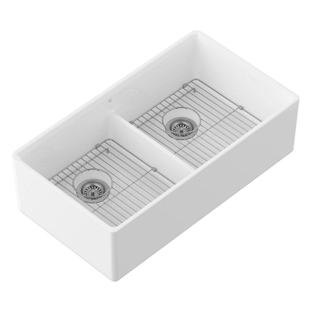 DXV Canvas White 35-3/4 x 20 in. No Hole Fireclay 2 Bowl Undermount Kitchen Sink 