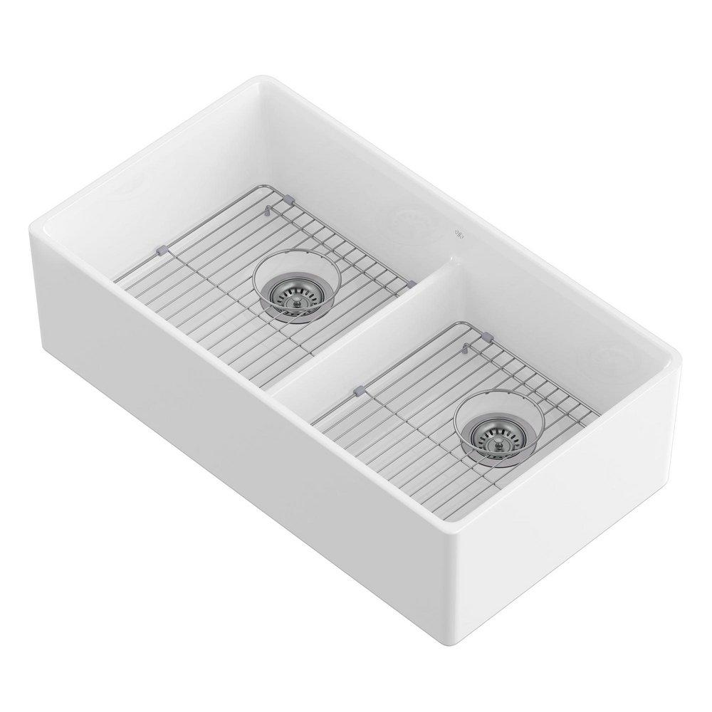 DXV Canvas White 35-3/4 x 20 in. No Hole Fireclay 2 Bowl Undermount Kitchen Sink 