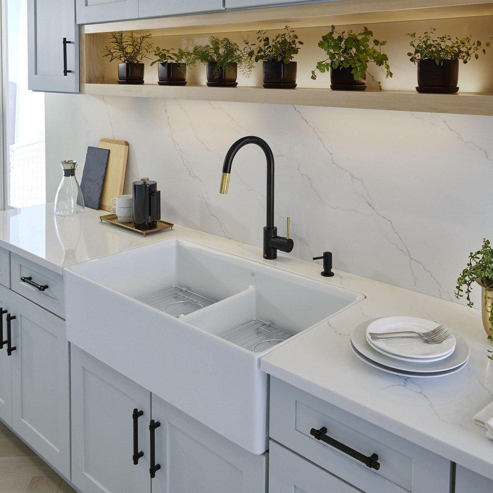 DXV Canvas White 35-3/4 x 20 in. No Hole Fireclay 2 Bowl Undermount Kitchen Sink 