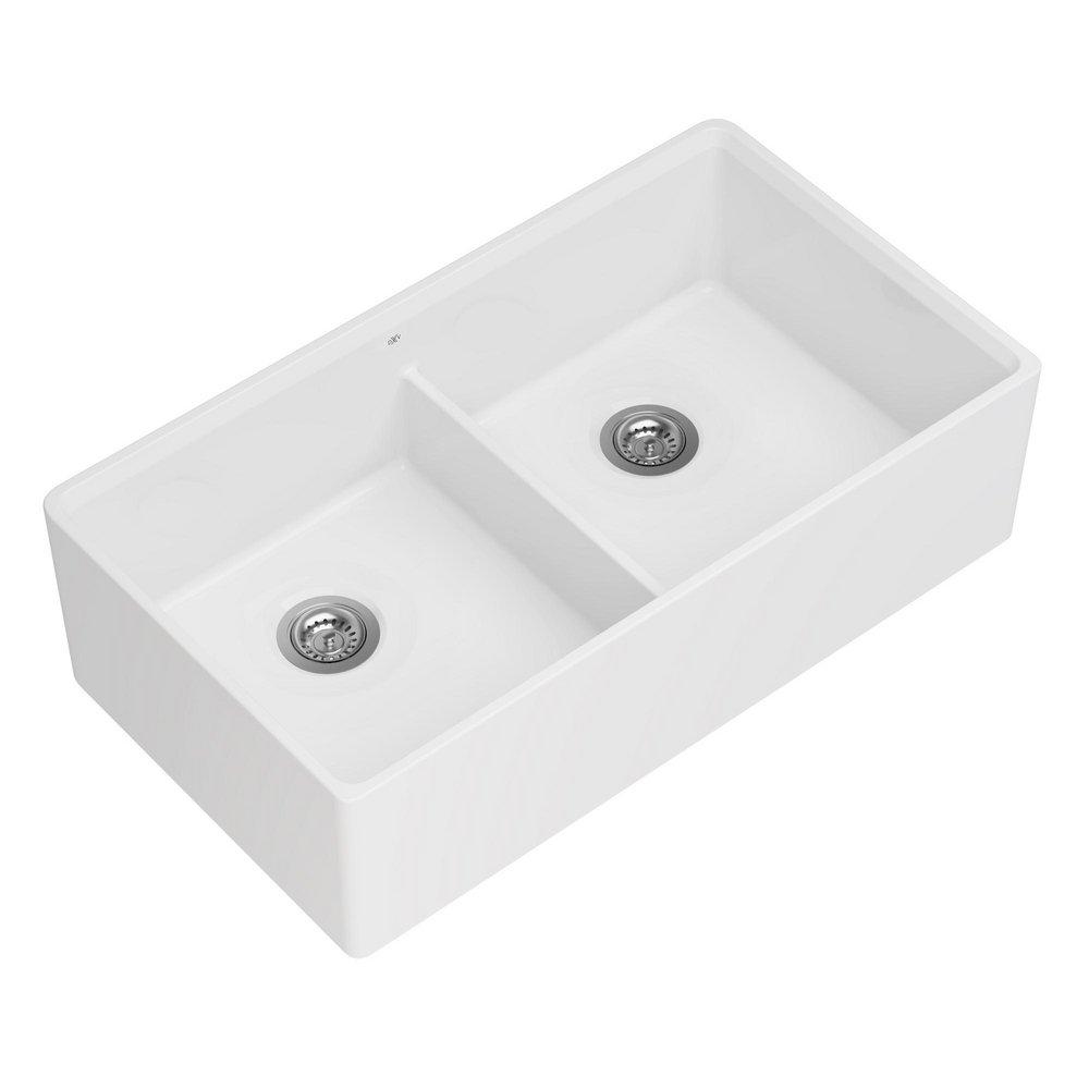 DXV Canvas White 35-3/4 x 20 in. No Hole Fireclay 2 Bowl Undermount Kitchen Sink 