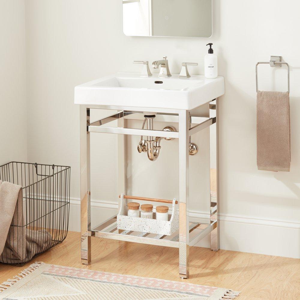 24 CONSOLE SINK WITH MODERN TOP 8 WIDESPREAD POLISHED STAINLESS STEEL 