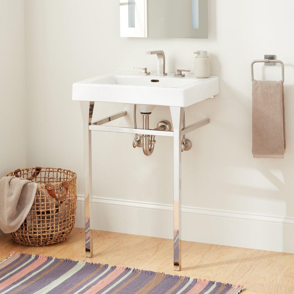 24 CONSOLE SINK WITH MODERN TOP 8 WIDESPREAD POLISHED STAINLESS STEEL 