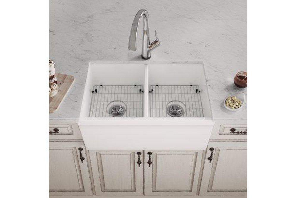 Elkay White 33 x 19-15/16 in. No Hole Fireclay 2 Bowl Farmhouse Kitchen Sink Kit 