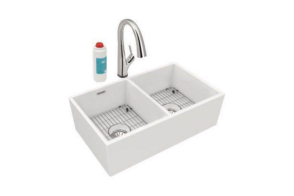 Elkay White 33 x 19-15/16 in. No Hole Fireclay 2 Bowl Farmhouse Kitchen Sink Kit 