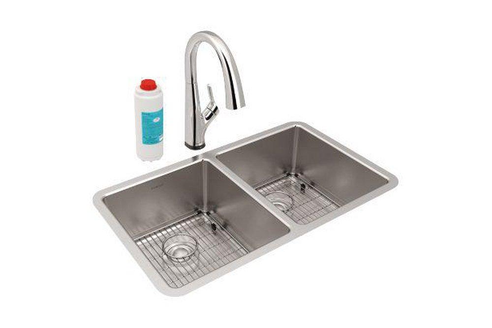 Elkay Chrome 32-3/4 x 19-1/2 in. No Hole 2 Bowl Undermount Kitchen Sink Kit 