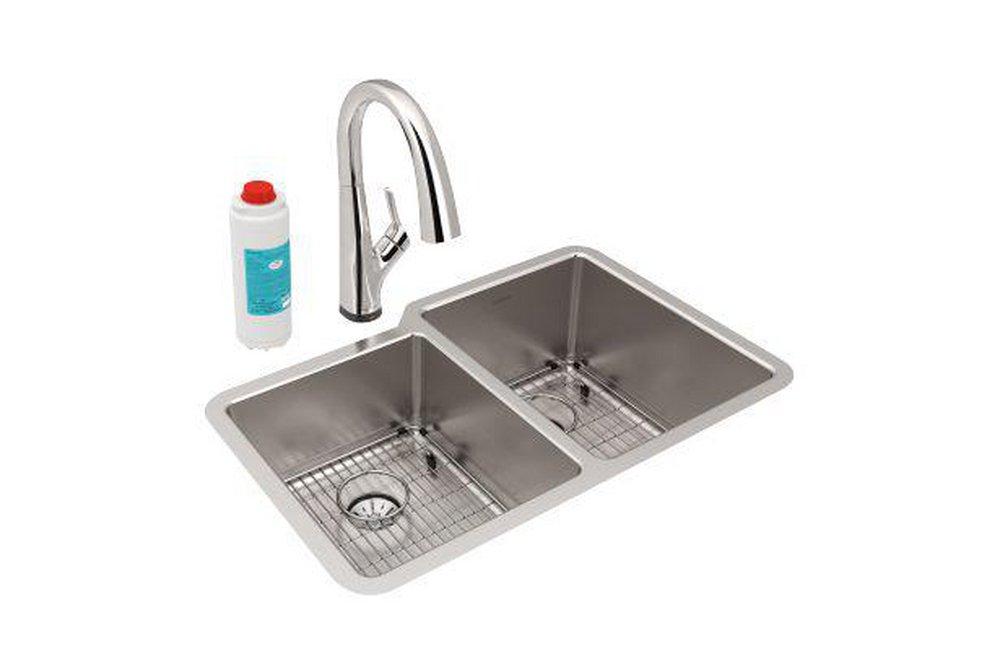 Elkay Chrome 31-1/4 x 20-1/2 in. No Hole 2 Bowl Undermount Kitchen Sink Kit 